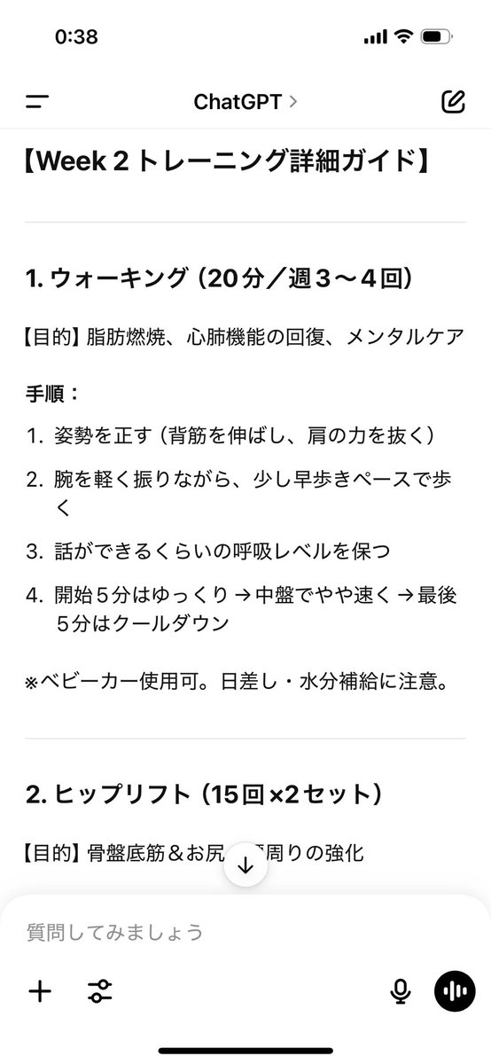 今後の育児や仕事復帰に向け、Chat GPTにダイエット&amp;体力作りのトレーニングメニューを出してもらったんだが、細かいやり方も聞いたら出してくれてほんと便利だなと思う