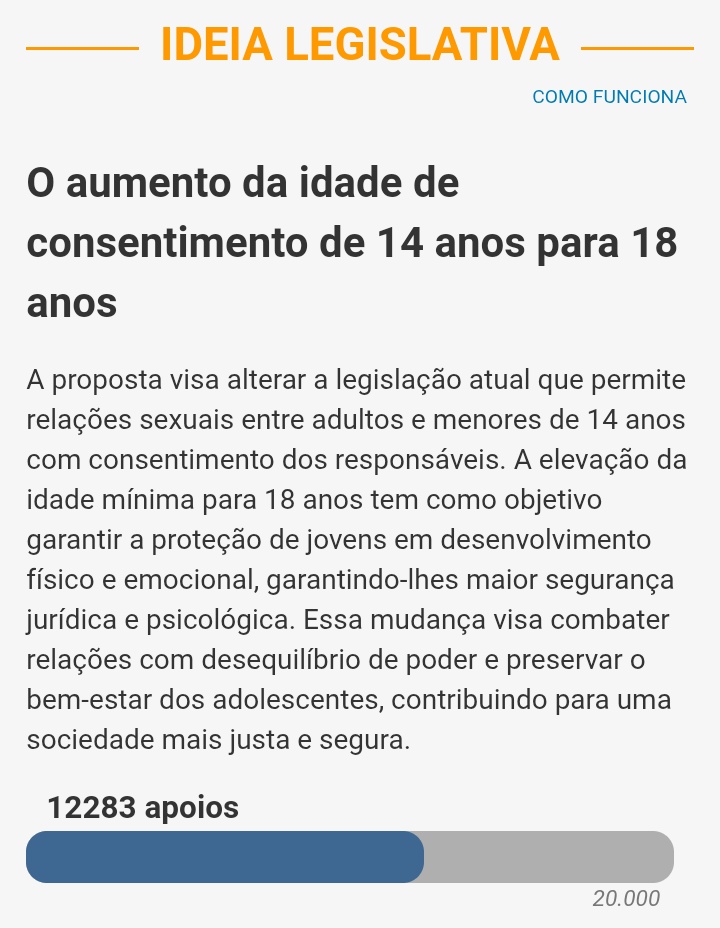 oi gente vcs poderiam pfv deixar o apoio de vc? é só logar no gov, precisamos de 20k apoios p proposta ser debatida 

www12.senado.leg.br/ecidadania/vis…