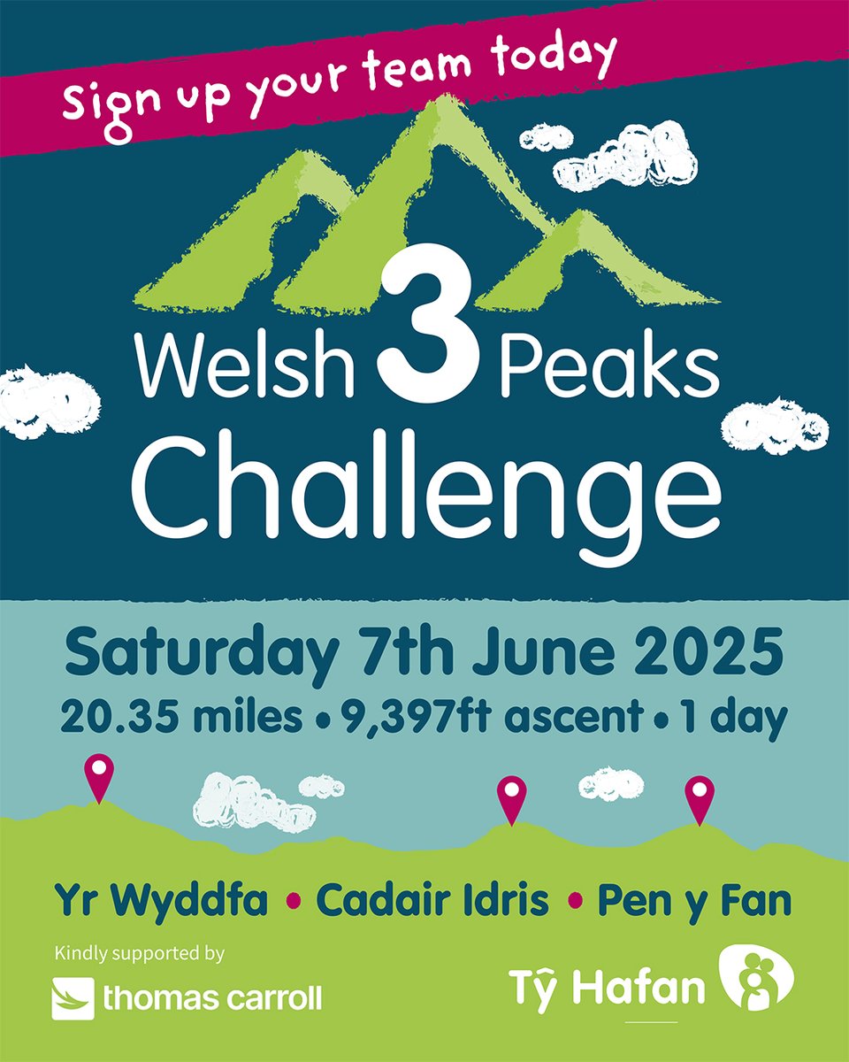 Tŷ Hafan (@tyhafan) on Twitter photo There's still time to sign up and be part of the epic Welsh 3 Peaks Challenge! Join us for this incredible adventure, conquering Yr Wyddfa, Cadair Idris, and Pen y Fan - all in one day! 🏔️⛰️🏔️ Find out more here > bit.ly/4fy0Xd1
Kindly sponsored by <a href="/thomascarrollgp/">Thomas Carroll Group</a> 💚 There's still time to sign up and be part of the epic Welsh 3 Peaks Challenge! Join us for this incredible adventure, conquering Yr Wyddfa, Cadair Idris, and Pen y Fan - all in one day! 🏔️⛰️🏔️ Find out more here > bit.ly/4fy0Xd1
Kindly sponsored by <a href="/thomascarrollgp/">Thomas Carroll Group</a> 💚