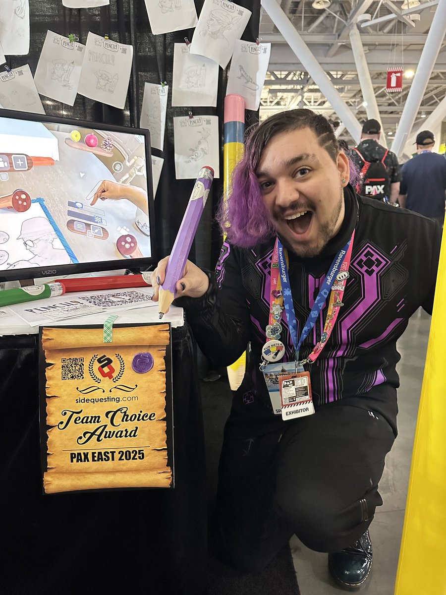 Pencil Won the @sidequesting Team choice award! 🥇 
Come to the pencil booth at pax east #22090 /Shark logic (near devolver look right for volante &amp; giant pencils).
Come make a drawing to add to the art wall!