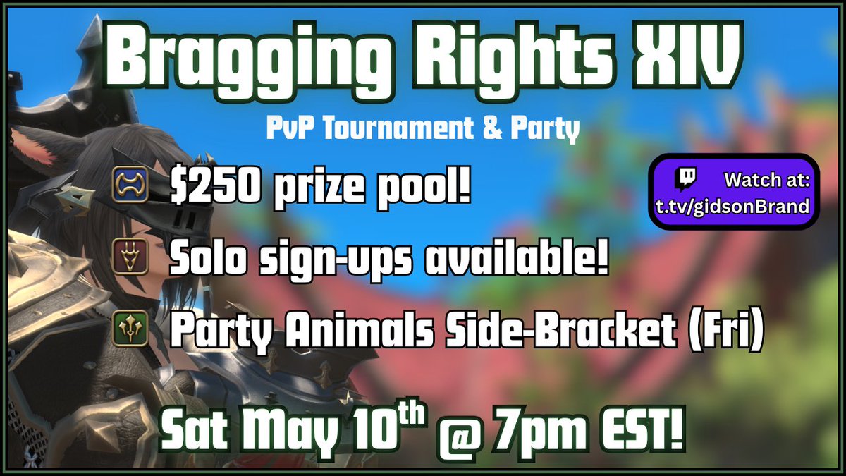 ITS FIGHTIN DAY!
We got 15 pvp teams ready to throw down TONIGHT in Bragging Rights XIV!

Pre-stream starts at 3pm EST, matches start at 7pm EST! 

twitch.tv/gidsonBrand
#ffxiv | #ffxivpvp | #crystallineconflict | #tournament