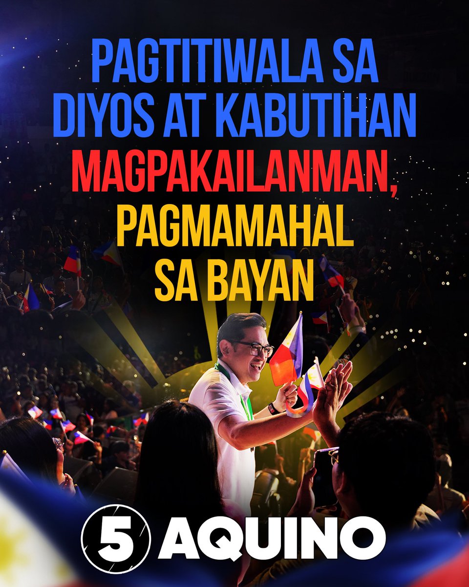 Pagtitiwala sa Diyos at kabutihan.
Magpakailanman, pagmamahal sa bayan. 🇵🇭

TANDAAN SA BALOTA: NUMBER 5, AQUINO BAM! 

#5AquinoBam 
#BamAquinoSaSenado 🇵🇭