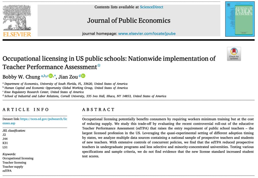 Journal of Public Economics (@jpubecon) on Twitter photo Recently published in <a href="/JPubEcon/">Journal of Public Economics</a>:
"Occupational licensing in US public schools: Nationwide implementation of Teacher Performance Assessment"
By <a href="/BobbyWYChung/">Bobby W Chung</a> & <a href="/jian_tt/">Jian Zou</a>
sciencedirect.com/science/articl… #econtwitter Recently published in <a href="/JPubEcon/">Journal of Public Economics</a>:
"Occupational licensing in US public schools: Nationwide implementation of Teacher Performance Assessment"
By <a href="/BobbyWYChung/">Bobby W Chung</a> & <a href="/jian_tt/">Jian Zou</a>
sciencedirect.com/science/articl… #econtwitter