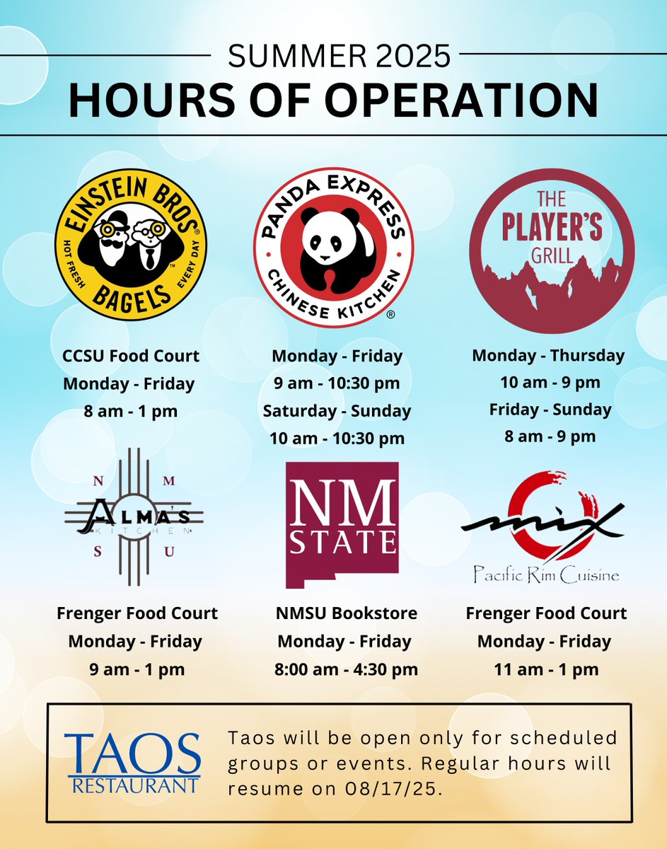 ☀️ Hey Aggies! Summer break is here, and we’ve got updated hours for you. Whether you're on campus for classes or work, swing by and see us! 🤠 🌮 #AggieSummer #SummerHours #nmsu #nmsudining #lascruces