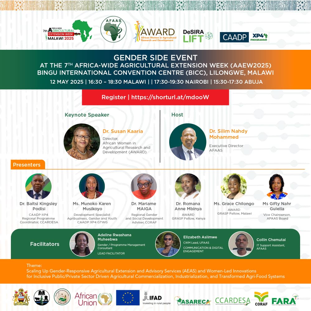 African Forum For Agricultural Advisory Services. (@afaasinfo) on Twitter photo Don't miss Gender Side Event at the upcoming #aaew2025 12-16th may in lilongwe Malawi. Host by <a href="/MalawiGovt/">Malawi Government🇲🇼</a> <a href="/MaFAASMw/">MaFAAS</a> Partners: <a href="/Taat_Africa/">#Technologies to #FeedAfrica</a> <a href="/CatholicRelief/">CatholicRelief</a> <a href="/afaasinfo/">African Forum For Agricultural Advisory Services.</a> <a href="/AGRA_Africa/">AGRA - Sustainably Growing Africa’s Food Systems.</a> <a href="/AU_DARBE/">AU Agriculture, RuralDev't BlueEconomy Environment</a> <a href="/NEPAD_Agency/">AUDA-NEPAD</a> <a href="/Cirad/">Cirad</a> <a href="/ruforumsec/">RUFORUM</a> <a href="/AUC_CAADP/">AUC CAADP</a> <a href="/IFAD/">International Fund for Agricultural Development</a> <a href="/ASARECA/">ASARECA</a> <a href="/MosesVilakati/">H.E Moses Vilakati</a> <a href="/Agnes_Kalibata/">Agnes M. Kalibata</a> Don't miss Gender Side Event at the upcoming #aaew2025 12-16th may in lilongwe Malawi. Host by <a href="/MalawiGovt/">Malawi Government🇲🇼</a> <a href="/MaFAASMw/">MaFAAS</a> Partners: <a href="/Taat_Africa/">#Technologies to #FeedAfrica</a> <a href="/CatholicRelief/">CatholicRelief</a> <a href="/afaasinfo/">African Forum For Agricultural Advisory Services.</a> <a href="/AGRA_Africa/">AGRA - Sustainably Growing Africa’s Food Systems.</a> <a href="/AU_DARBE/">AU Agriculture, RuralDev't BlueEconomy Environment</a> <a href="/NEPAD_Agency/">AUDA-NEPAD</a> <a href="/Cirad/">Cirad</a> <a href="/ruforumsec/">RUFORUM</a> <a href="/AUC_CAADP/">AUC CAADP</a> <a href="/IFAD/">International Fund for Agricultural Development</a> <a href="/ASARECA/">ASARECA</a> <a href="/MosesVilakati/">H.E Moses Vilakati</a> <a href="/Agnes_Kalibata/">Agnes M. Kalibata</a>