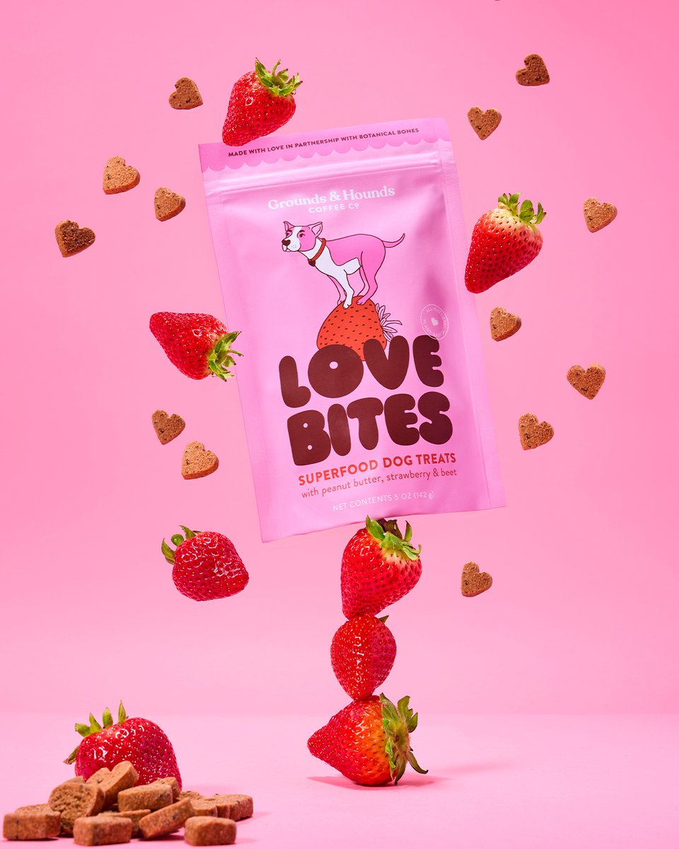 Happy National Dog Mom Day! 💕 Your pup called to say thank you… and to ask for Love Bites! 🍓🐶We teamed up with our friends at <a href="/botanicalbones/">• eva •</a> to bring you our first-ever dog treat! Heart-shaped. Pup-approved. Rescue-supporting. Available now at groundsandhoundscoffee.com