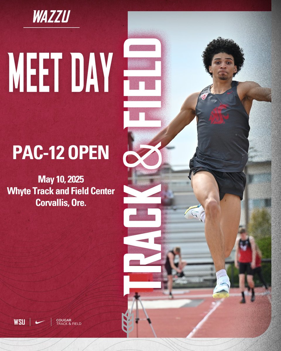 It's Meet Day! Cougs in Corvallis for the Pac-12 Open. Last tune-up before NCAA Preliminary Round at the end of May. Follow the action all day with field events starting at 10 am, track at 2 pm.
Live Results | live.athletictiming.net/meets/52714
Stream | pac-12-open.runnerspace.com

#GoCougs