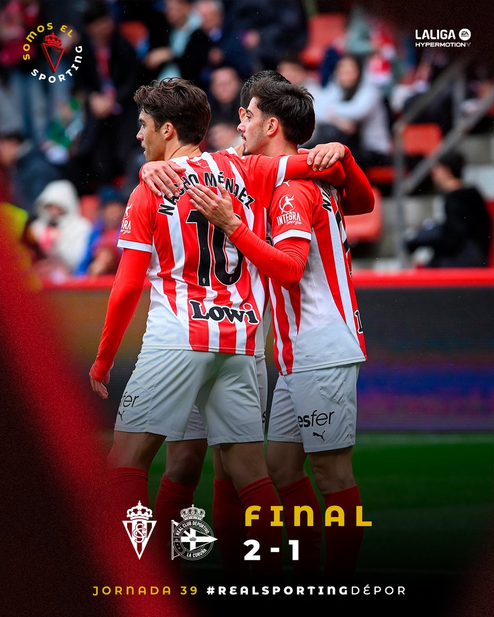 RealSporting's tweet photo. 🔴⚪ ¡¡Victoria del Sporting!!       

 ¡Los puntos se quedan en El Molinón!        

⌛ Final | 2-1 |    

#RealSportingDépor 
#LALIGAHYPERMOTION https://t.co/SAWYGy3LQb