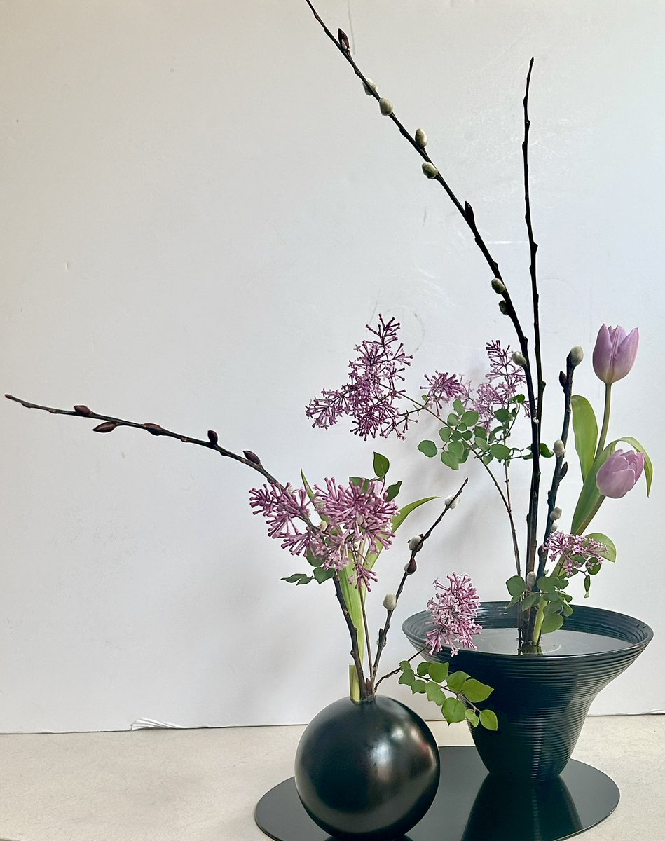 two freestyle arrangements for spring - made with lilac, tulips, and pussy willow picked from street corners in lincoln park :)