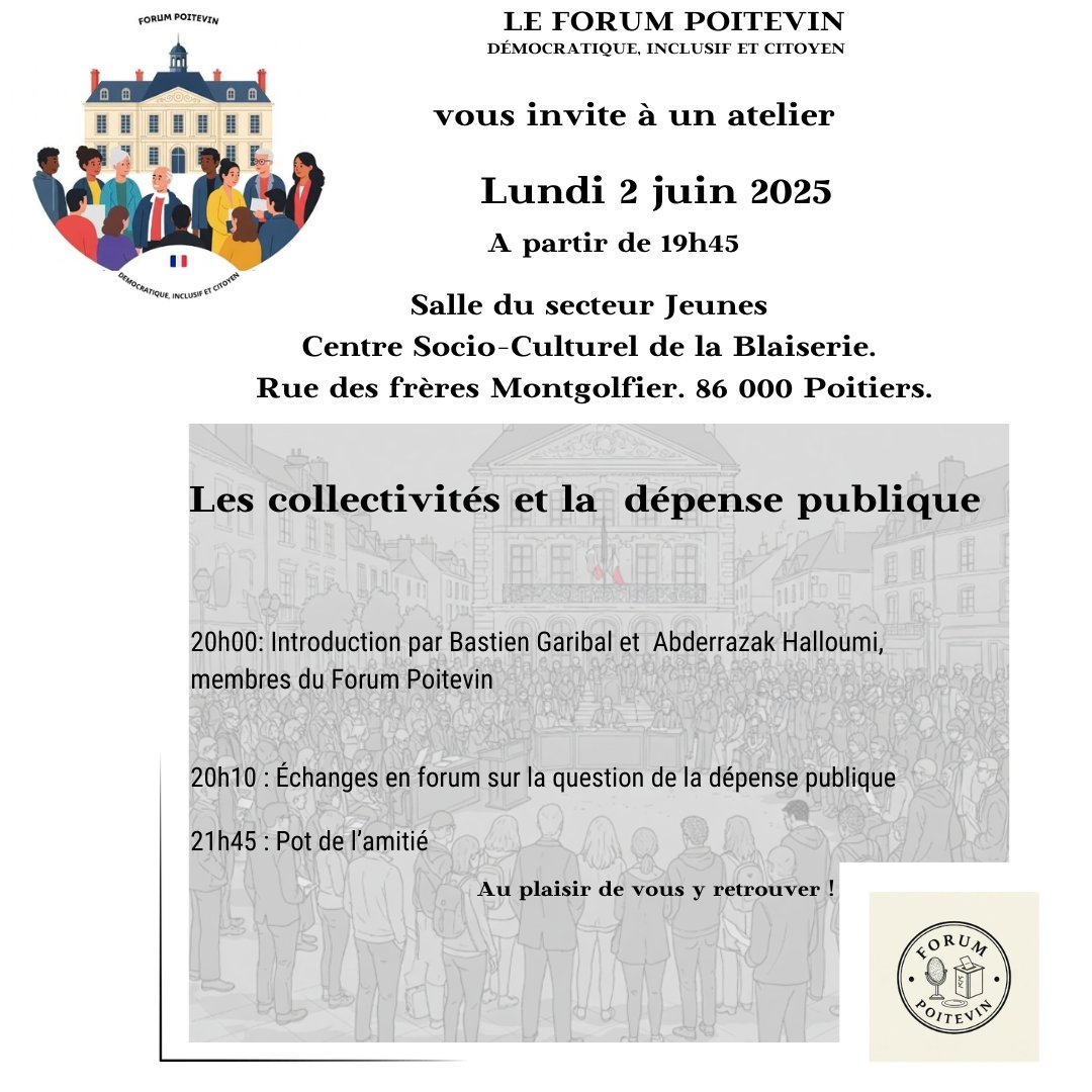 Les lundis du FORUM POITEVIN.
Retenez la prochaine date: lundi 2 juin 2025  à  partir de 19h45
Salle du Secteur Jeunes. Centre Socioculturel La Blaiserie. Rue des Frères Montgolfier, 86000 Poitiers.