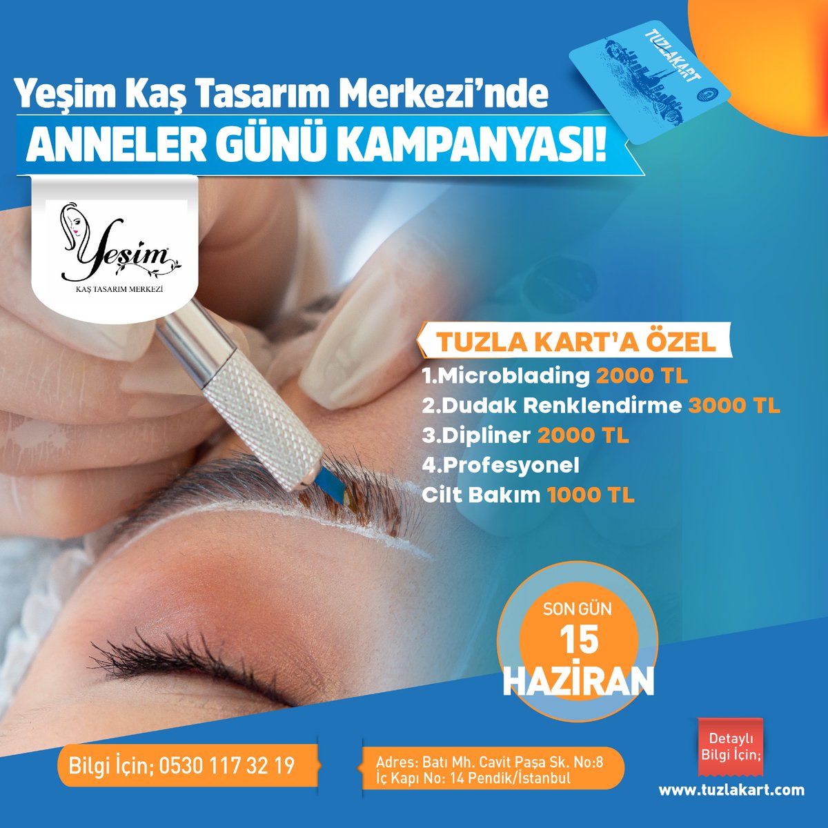 TuzlaKart's tweet photo. Yeşim Kaş Tasarım Merkezi’nde Anneler Günü Kampanyası! 💙

Tuzla Kart kullanıcılarına özel;
💳 Yaptıracağınız işlemlerde geçerli indirim oranlarından yararlanabilirsiniz. 

🗓️ Son Gün: 15 Haziran https://t.co/wZvC1K8PBF