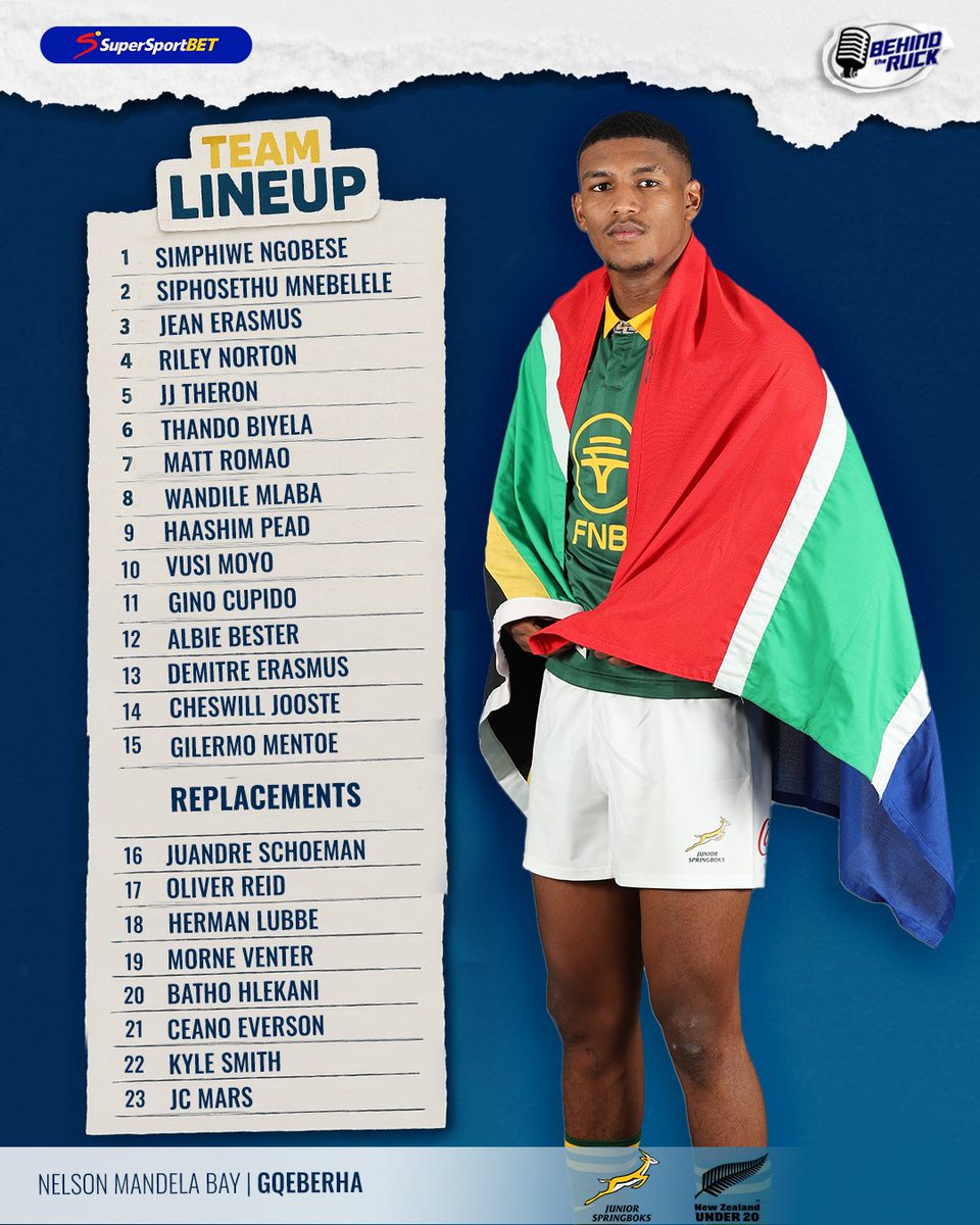 It’s the final game for the #JuniorBoks tomorrow against New Zealand, and this is the line up 🔥

#BehindTheRuck