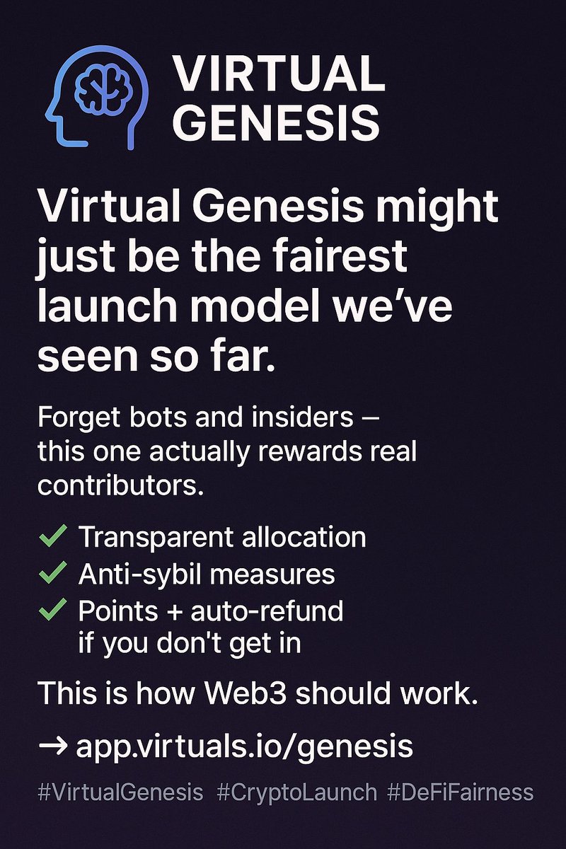🧠 Virtual Genesis might just be the fairest launch model we’ve seen so far.
Forget bots and insiders — this one actually rewards real contributors.

✅ Transparent allocation
✅ Anti-sybil measures
✅ Points + auto-refund if you don’t get in

This is how Web3 should work.