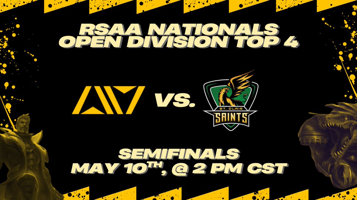 Ottawa Braves Esports (@esports_ottawa) on Twitter photo ⏰ Time: 2 PM CST
📆 Date: Saturday, May 10th
🎥 Twitch.tv/braves_Esports
It all comes down to this! Our Ottawa Braves Black LoL team is battling for a spot in the National Finals against the formidable St. Clair Academy! <a href="/SaintsGamingCA/">St. Clair Saints</a> ⏰ Time: 2 PM CST
📆 Date: Saturday, May 10th
🎥 Twitch.tv/braves_Esports
It all comes down to this! Our Ottawa Braves Black LoL team is battling for a spot in the National Finals against the formidable St. Clair Academy! <a href="/SaintsGamingCA/">St. Clair Saints</a>