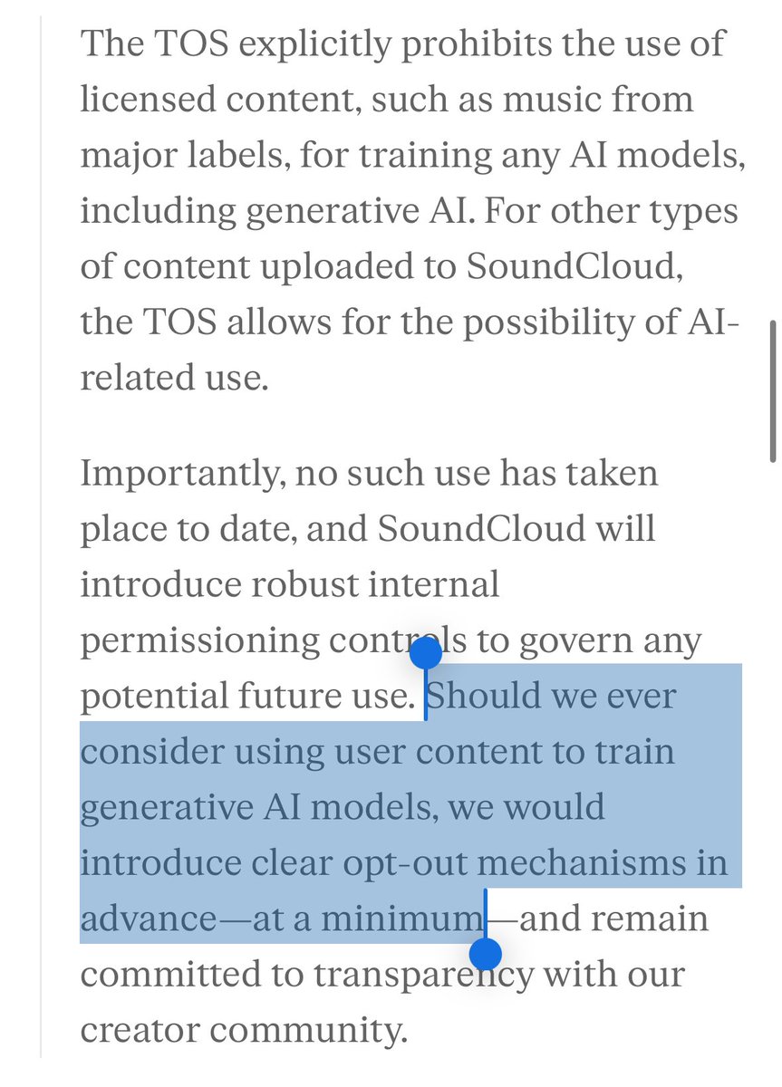 As feared, SoundCloud today confirmed they may train generative AI models on users’ music in future.

The ‘opt-out’ they commit to in this new statement would be totally unfair on artists, shifting the burden onto them to tell SoundCloud not to train on their music. Most would