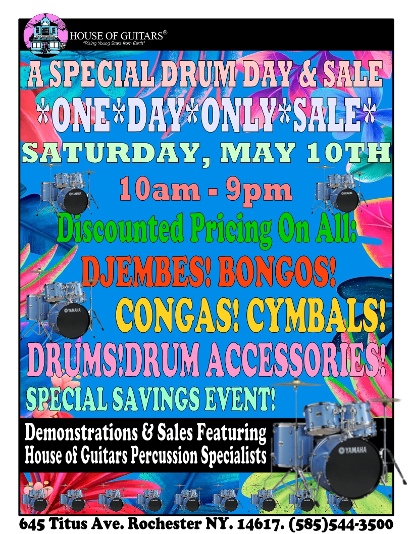 TODAY ONLY! The House of Guitars Spring Drum Sale is happening until 9pm! Don't miss out on deals on Yamaha, Tama, Ludwig, Ddrum, Mapex, Premier, and more! Stop by or call 585-544-3500 with any questions!