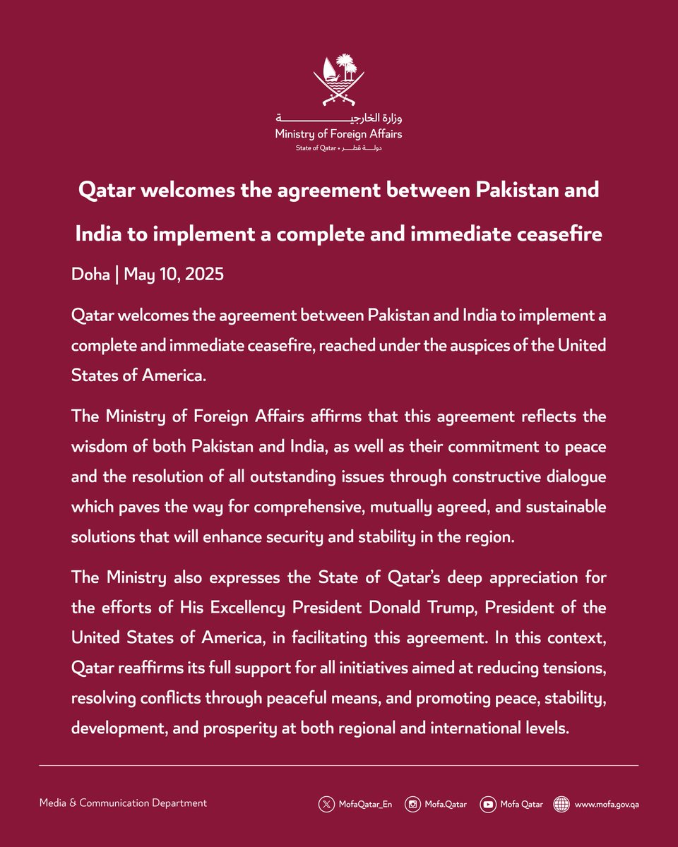Statement | Qatar welcomes the agreement between Pakistan and India to implement a complete and immediate ceasefire

#MOFAQatar