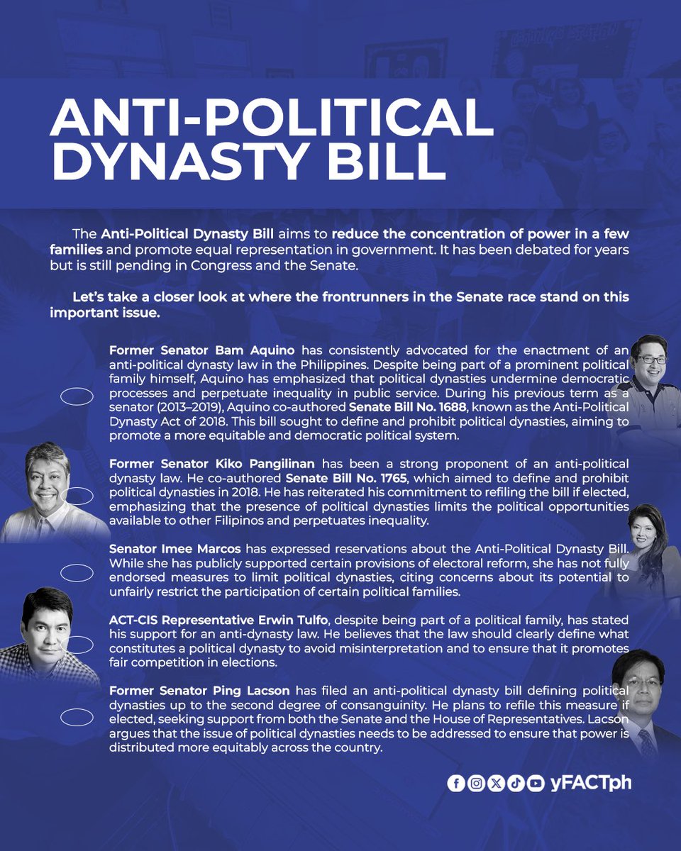 yFACTph's tweet photo. Here are the senatorial candidates’ positions on Anti-Political Dynasty Bill, Sara Duterte Impeachment and ICC Arrest of Rodrigo Duterte.

#BotoMoBukasNatin #Halalan2025 #PHVote #Eleksyon2025 https://t.co/lpqmhstApI