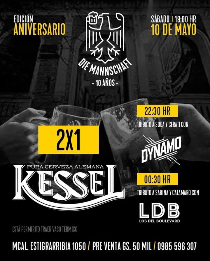 Rock en Paraguay (@rockenpy) on Twitter photo Hoy Sábado 10 nuestros amigos de <a href="/diemannschaftpy/">Die Mannschaft Bar</a> están de Aniversario! 10 años de mucho rock y lo celebran con un gran Tributo a <a href="/sodastereo/">Soda Stereo</a> y Cerati con @dynamoestereo y a Sabina y Calamaro con <a href="/LOSDELBOULEVARD/">Los del Boulevard</a> en vivo!
Reservas al 0985 596 307 Hoy Sábado 10 nuestros amigos de <a href="/diemannschaftpy/">Die Mannschaft Bar</a> están de Aniversario! 10 años de mucho rock y lo celebran con un gran Tributo a <a href="/sodastereo/">Soda Stereo</a> y Cerati con @dynamoestereo y a Sabina y Calamaro con <a href="/LOSDELBOULEVARD/">Los del Boulevard</a> en vivo!
Reservas al 0985 596 307
