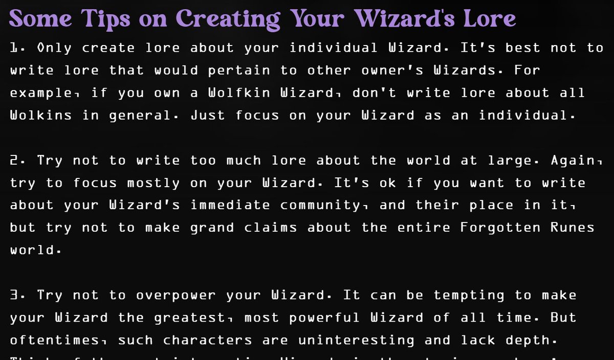 I feeleth that <a href="/ForgottenRunes/">Forgotten Runes Wizard's Cult</a> getteth not enough credit for providing guidance for the crafting of pleasing wizard backstories in yon BOOK OF LORE.📜

As they sayeth, 'Forgotten Runes is an NFT project unlike any other. We emphasize identity and creativity over most other