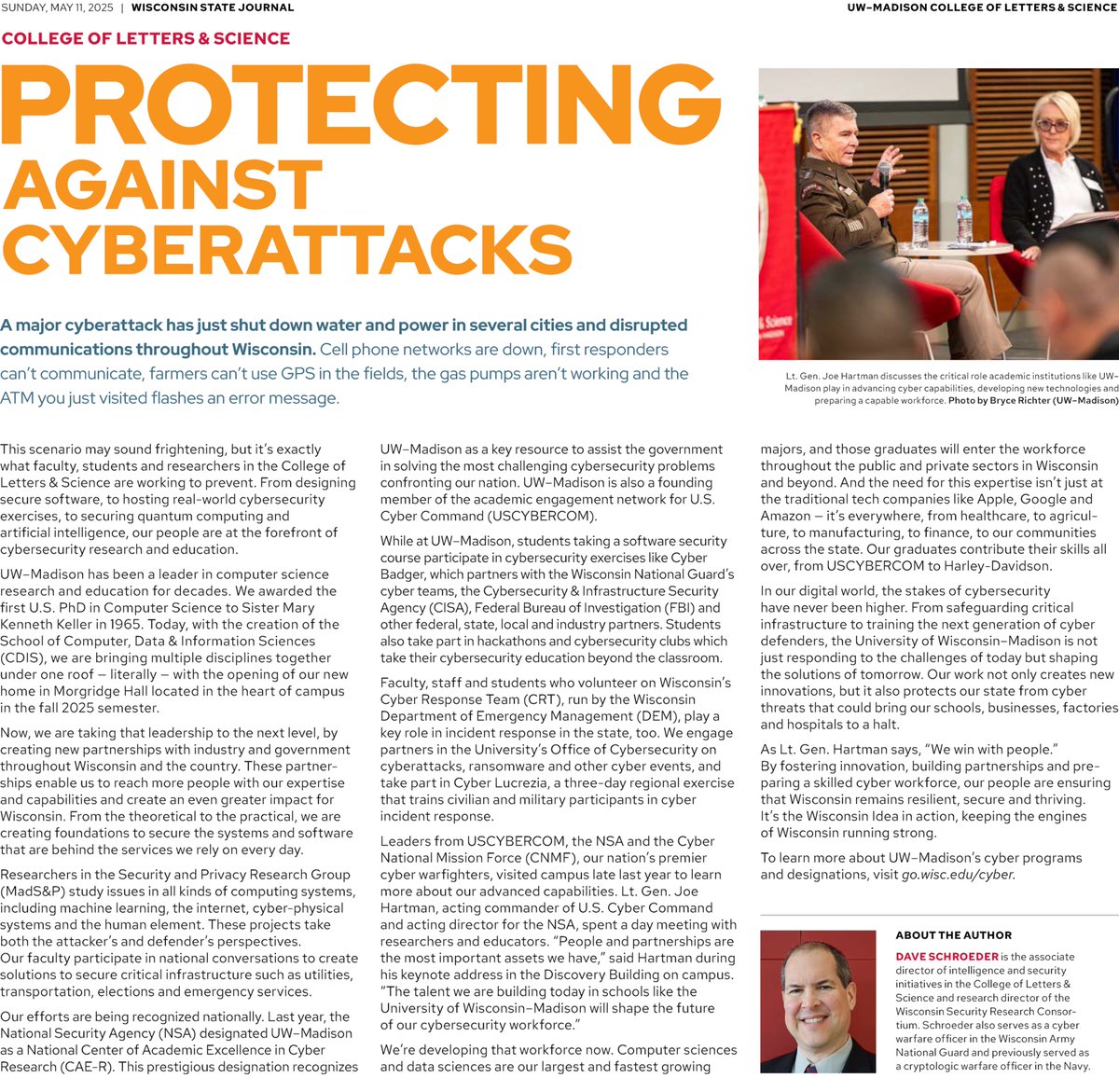 daveschroeder's tweet image. The work of the world-class faculty, staff, and students at @UWMadison is protecting the state and the nation against cyberattacks. As we celebrate commencement, I'm sharing my thoughts in the @WiStateJournal on how the team at UW is Fueling Discovery, and how partnerships with…