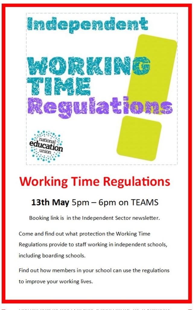Brian Metcalf (@brian_metcalf66) on Twitter photo Next Tuesday our <a href="/NEUindeSector/">NEU Independent Sector</a> training session is"
Everything you wanted to know about the Working Time Regulations but were afraid to ask! Next Tuesday our <a href="/NEUindeSector/">NEU Independent Sector</a> training session is"
Everything you wanted to know about the Working Time Regulations but were afraid to ask!