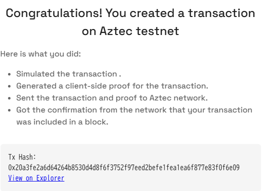I sent a private transaction on <a href="/aztecnetwork/">Aztec</a> Public Testnet by generating a client-side proof.

Try it yourself with Aztec Playground: play.aztec.network