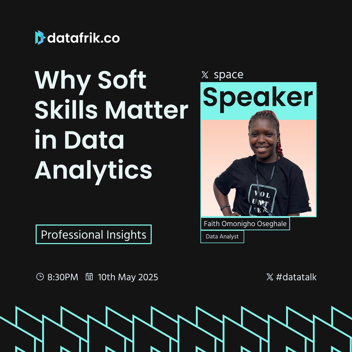 Less than 3 hours to go

Why do soft skills matter in data analytics?

It’s more than just crunching numbers, let’s talk communication, problem-solving &amp; storytelling.

Date: Saturday 
Time: 8:30PM
x.com/i/spaces/1RDxl…

SET YOUR REMINDER