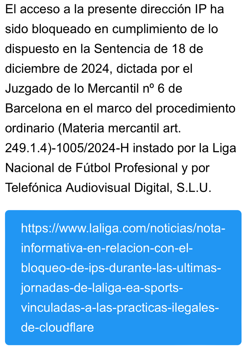 ociu's tweet photo. Webs bloqueadas arbitrariamente porque sí, por las prácticas mafiosas de @LaLiga y @Telefonica, esperpénticamente avaladas por un juzgado en detrimento de la neutralidad de la red, del bien y del sentido común. Vergonzoso. https://t.co/oE72C8wQw9