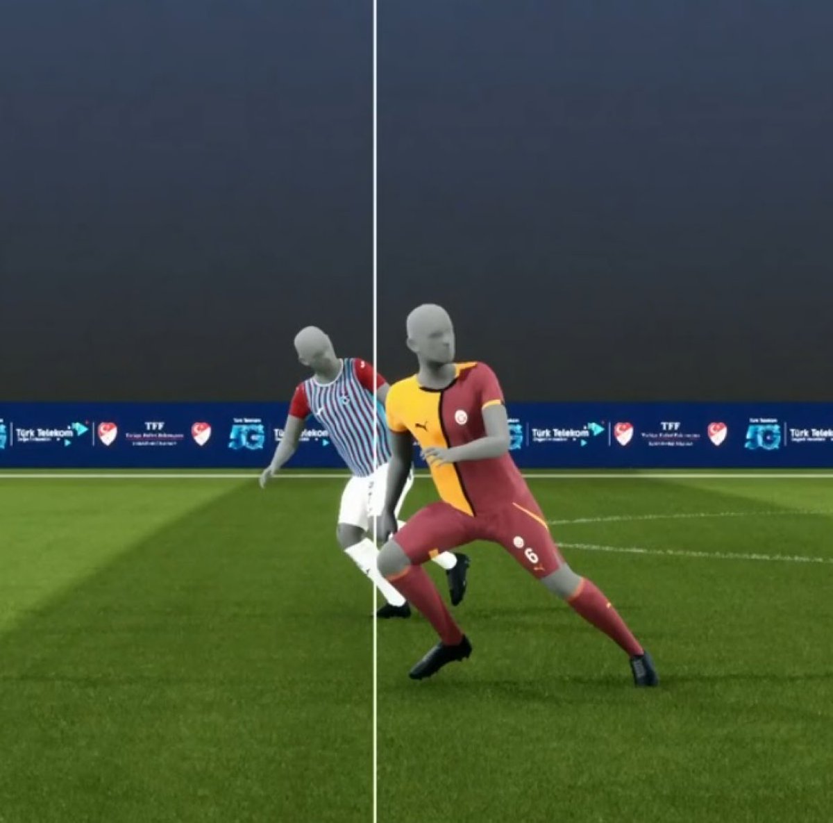 ilk fotoğrafta arkadaki galatasaraylı adam ofsaytı bozuyor gibi duruyor. ikinci fotoğrafta ise yarı otomatik var sisteminin çizdiği senaryo… bu hakemlerin yatacak yeri yok yemin ediyorum. galatasaray’ı şampiyon yaptılar demiyorum ama bu iş harbi rezaletten de ötedir yani