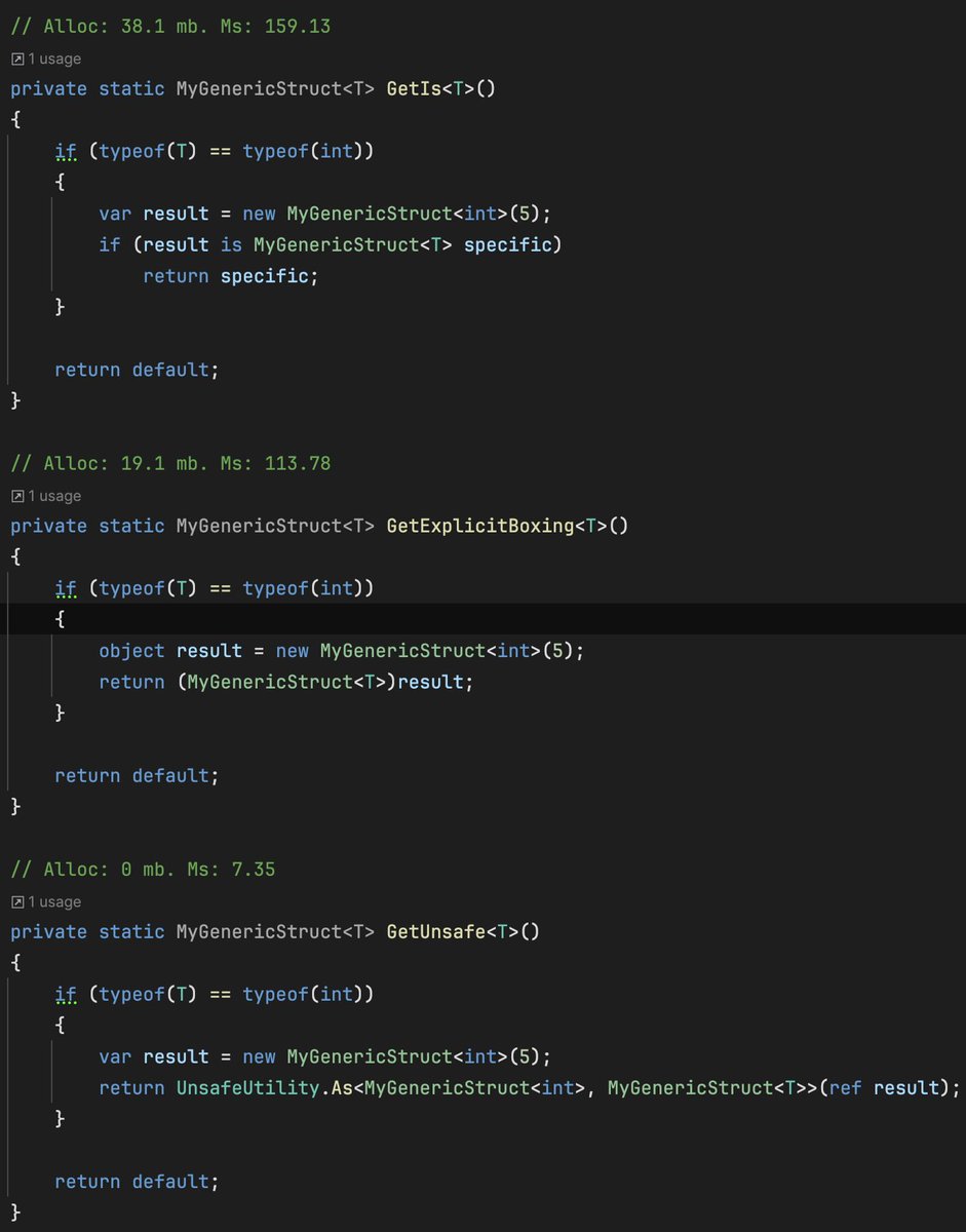 VPDInc's tweet photo. 🚀 #UnityTips: The is operator in #CSharp causes implicit boxing with structs, slowing down Unity due to allocations.
🔍Issue: is triggers boxing (38.1 MB, 159 ms for 10M iterations).
✅Fix: Use typeof &amp; https://t.co/HRmE4C9BuC — 0 MB, 7.35 ms!

Details in screenshots! 📸 https://t.co/C1127705GZ