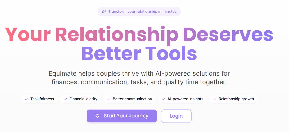 👀 You've Got to See This! 👀

Introducing: Equimate

We help couples grow closer, stay organized, and thrive

Equimate is an all-in-one relationship companion app that helps couples stay connected, communicate better, manage finances, plan dates, and distribute shared