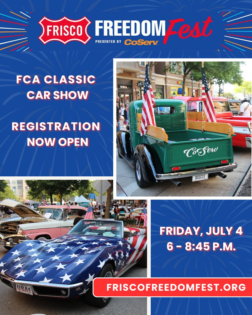 📢 Attention 'classic car' enthusiasts! The Greater Frisco FCA Classic Car Show returns to Frisco Freedom Fest presented by <a href="/CoServ/">CoServ</a> on July 4.
➡️ Interested participants should cruise on over and register online at: FriscoFreedomFest.org/CarShow #friscofreedomfest #carshow #classiccars