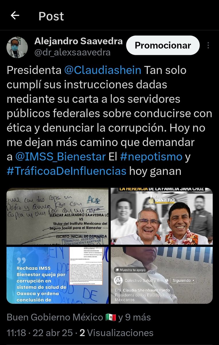 dr_alexsaavedra's tweet photo. @BuenGobierno_mx Mtra. #RaquelBuenrostro, Titular de @BuenGobierno_mx.
¿Podría revisar mi caso?, al denunciar ante la Presidenta @Claudiashein lo que ella nos instruyó a los trabajadores federales, obtuve como respuesta la represalia. Y el #nepotismo y el #Dispendio en el @IMSS_Bienestar siguen. https://t.co/RDNn9lMZY2