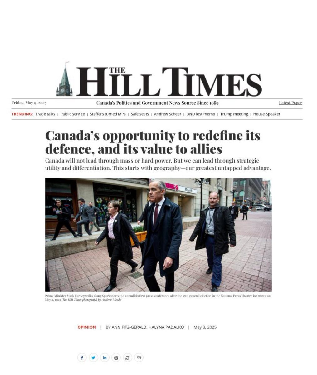 Ann Fitz-Gerald (@afitz3105) on Twitter photo Canada should redefine its defence priorities to address critical pillars underpinning democratic sovereignty - & demonstrate unique value to its allies.
In <a href="/TheHillTimes/">The Hill Times</a>, we argue for a posture grounded in 3 critical 🇨🇦 capabilities: geography, digital infrastructure & talent. Canada should redefine its defence priorities to address critical pillars underpinning democratic sovereignty - & demonstrate unique value to its allies.
In <a href="/TheHillTimes/">The Hill Times</a>, we argue for a posture grounded in 3 critical 🇨🇦 capabilities: geography, digital infrastructure & talent.