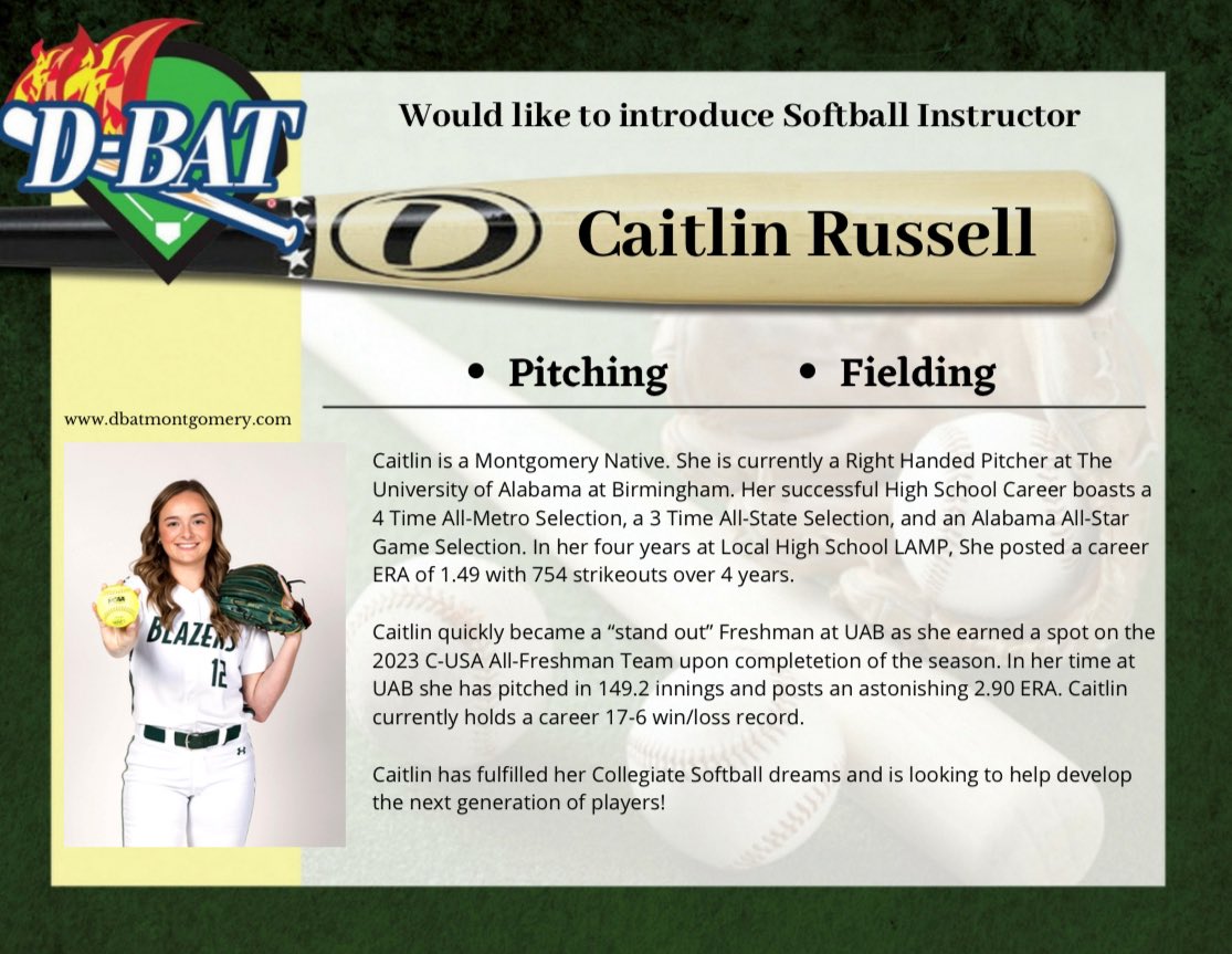 🎉Attention 🎉 

Softball Pitchers- She’s Back Home! 📅 Schedule your Lesson today with Caitlin Russell. 

🥎 Monday-Friday 4:00-8:00pm

#dbatmontgomery