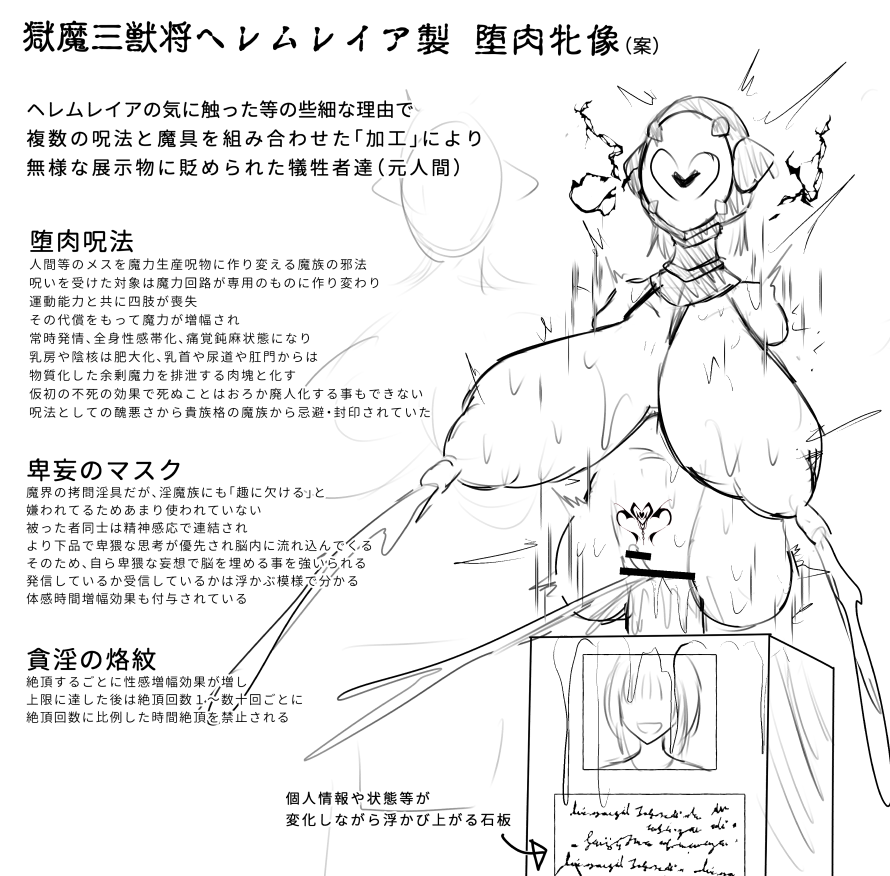 ヘレムレイアに尊厳破壊オブジェにされたモブ女キャラ(エルセインではない)
人間は魔法耐性とか低いので設定上結構無茶できる
…やっぱ好きに色々詰め込むと既視感がw

2枚目はヘレムレイア画像の再掲…なんだけど手元に結構前にテキスト更新したものがあったのを出力してなかったので出力 