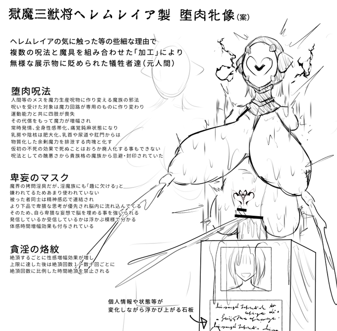ヘレムレイアに尊厳破壊オブジェにされたモブ女キャラ(エルセインではない)
人間は魔法耐性とか低いので設定上結構無茶できる
…やっぱ好きに色々詰め込むと既視感がw

2枚目はヘレムレイア画像の再掲…なんだけど手元に結構前にテキスト更新したものがあったのを出力してなかったので出力 