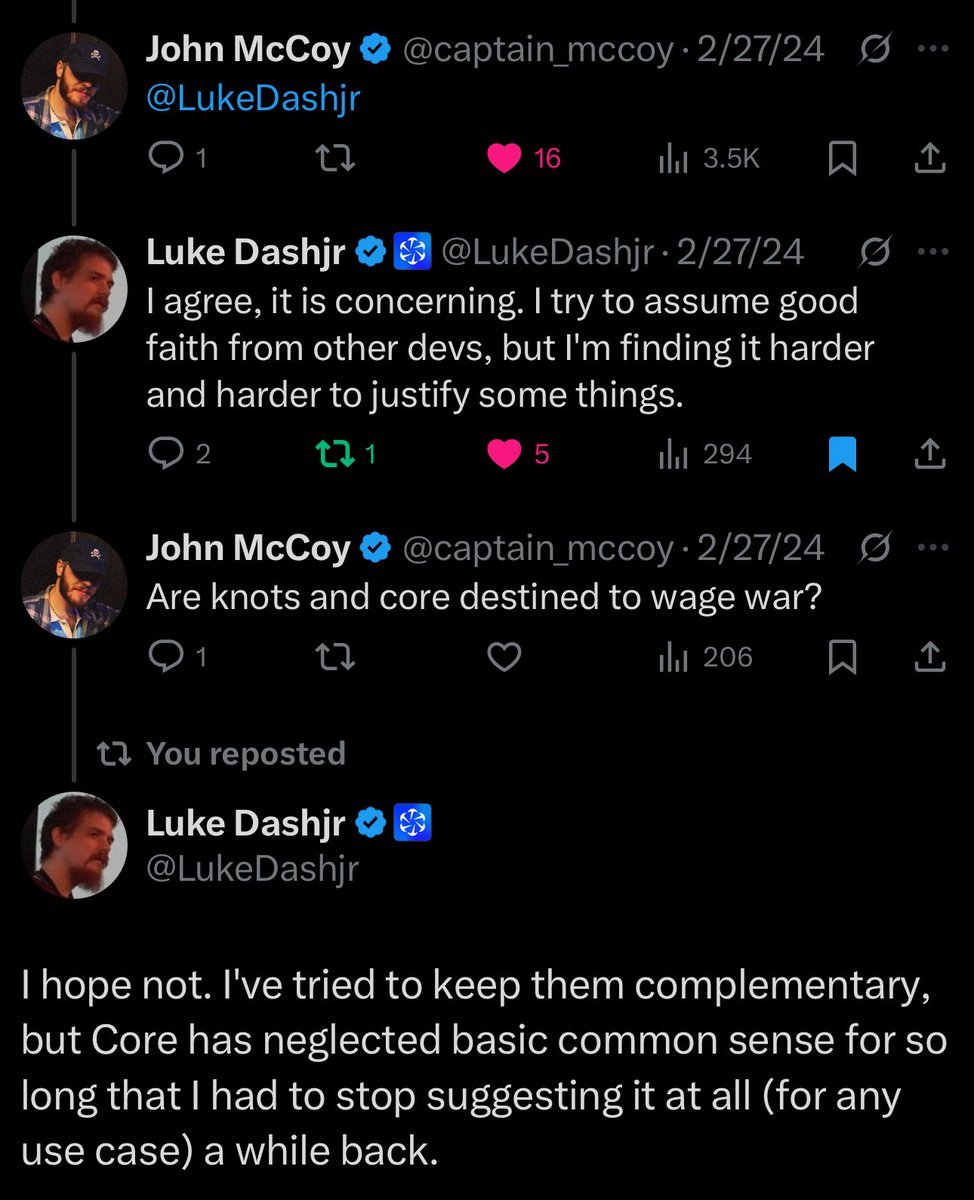 A little over a year ago I asked <a href="/LukeDashjr/">Luke Dashjr</a> if core and knots were destined to fight. His answer.