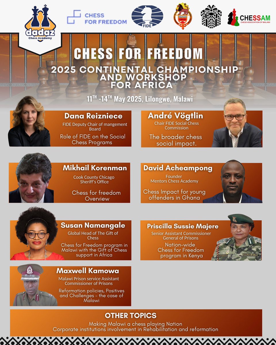 Get ready for May 12th! Meet our esteemed speakers for the #ChessForFreedom Workshop and Championship! Don't miss out on the excitement! Mark your calendars and join us for a day of empowerment, strategy, and thrilling matches!