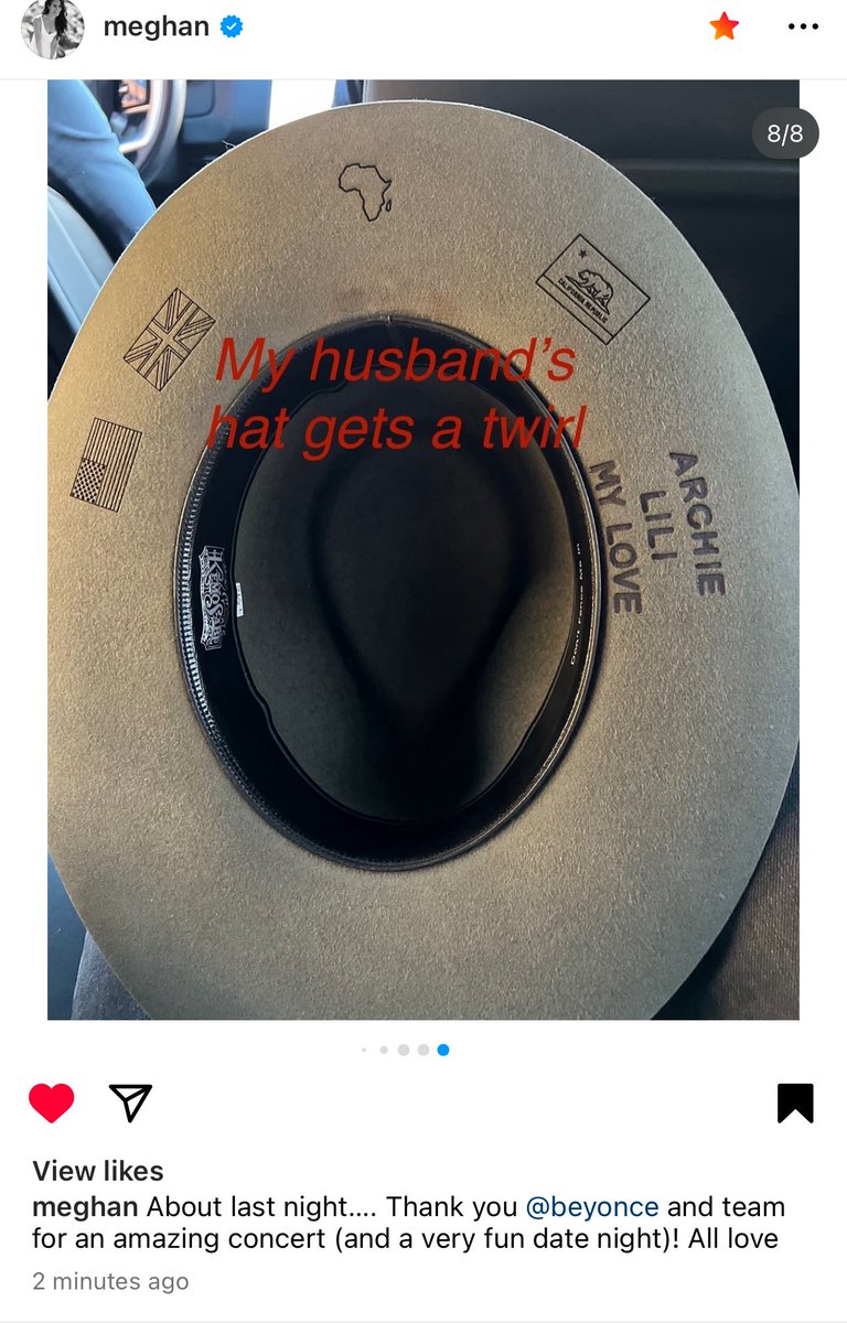 Loving Harry’s hat. The US, UK, California, and Africa as his North Star. Also the inside band says “Don’t Fence Me In” which was the song played in the opening of the WLM episode with Delfina.