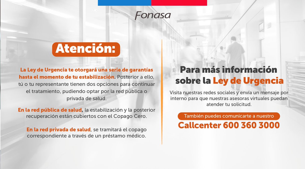 ministeriosalud's tweet image. 👉¿Sabías que la #LeydeUrgencia te entrega protección inmediata?

🚑Frente a una emergencia con riesgo de muerte o de una secuela funcional grave, puedes recibir asistencia médica en el Servicio de #Urgencia más cercano.

Más info en fonasa.cl