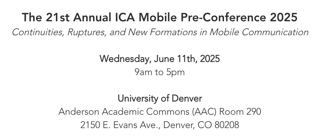 Announcement: The ICA Mobile Communication Preconference schedule is out now icamobile.org/mobilepreconfe… and we have an exciting list of workshops and panels! If you have yet to register, the deadline is in TWO DAYS, so please register at icahdq.org/event/mobile