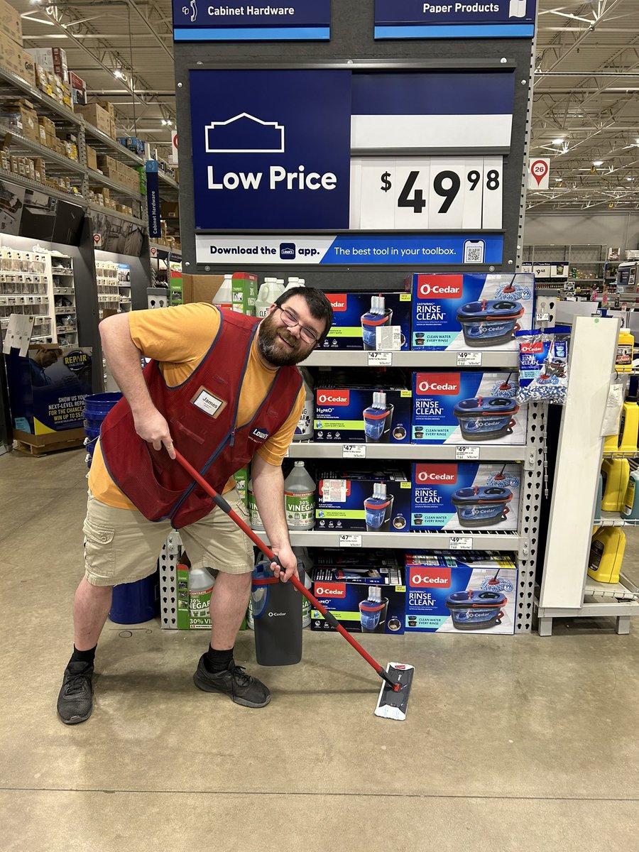 Check out the new O’Cedar H2prO at your Lowe’s 1566. James is eager to show how this Flat mop works.