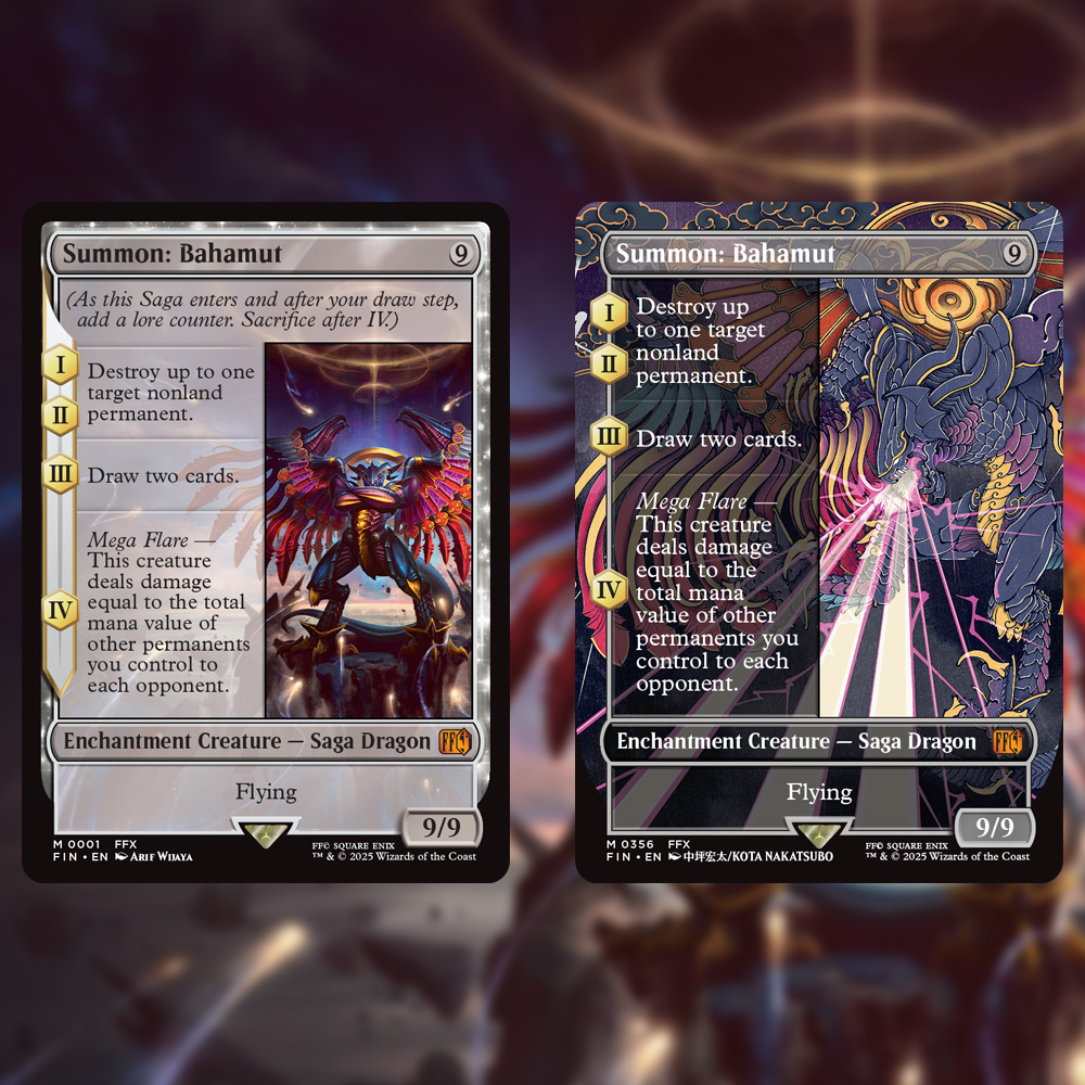 wizards_magic's tweet image. Her Aeons, like Bahamut as a Saga! This powerful summon lands on the battlefield with a statement, bringing powerful effects and a powerful pose. #MTGxFINALFANTASY #FF10