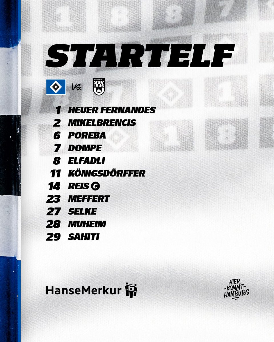 Mit dieser Elf in dieses Spiel: Heuer Fernandes, Mikelbrencis, Poreba, Dompe, Elfadli, Königsdörffer, Reis (C), Meffert, Selke, Muheim, Sahiti. 🔷

#nurderHSV #HSVULM