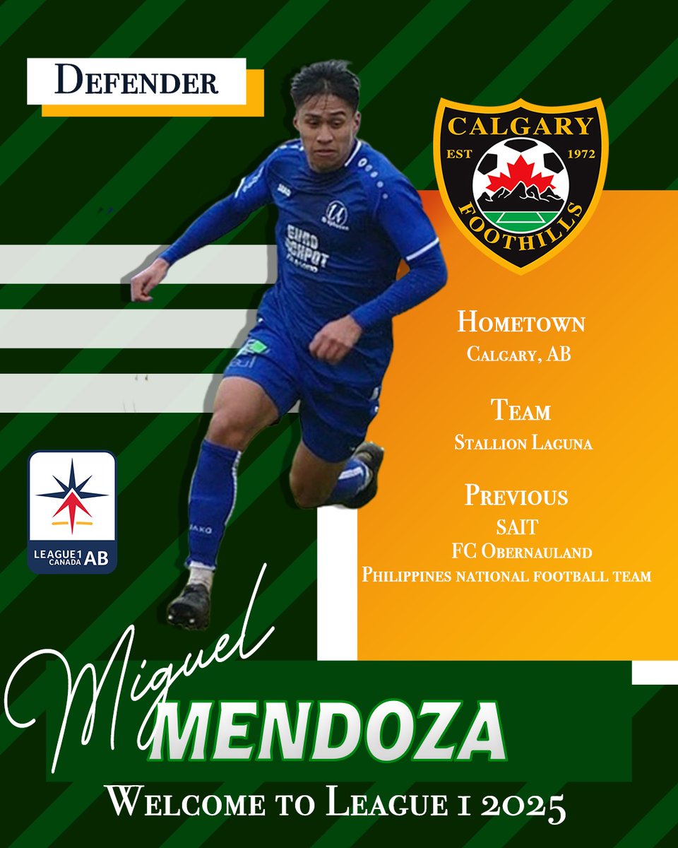Welcome back, Miguel Mendoza! ⚽

The goal-scoring defender returns for his 2nd season with Foothills after stints in Europe, Stallion Laguna FC &amp; the Philippines national team.
Let’s go, Miguel!

#FoothillsFC #League1Alberta #YYCSoccer