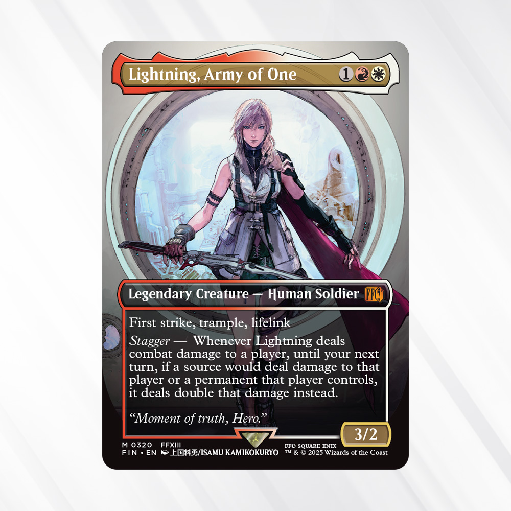Moment of truth, Hero." Feast your eyes on Lightning as illustrated by the FINAL FANTASY XIII Art Director, Isamu Kamikokuryo. #MTGxFINALFANTASY #FF13 Moment of truth, Hero." Feast your eyes on Lightning as illustrated by the FINAL FANTASY XIII Art Director, Isamu Kamikokuryo. #MTGxFINALFANTASY #FF13
