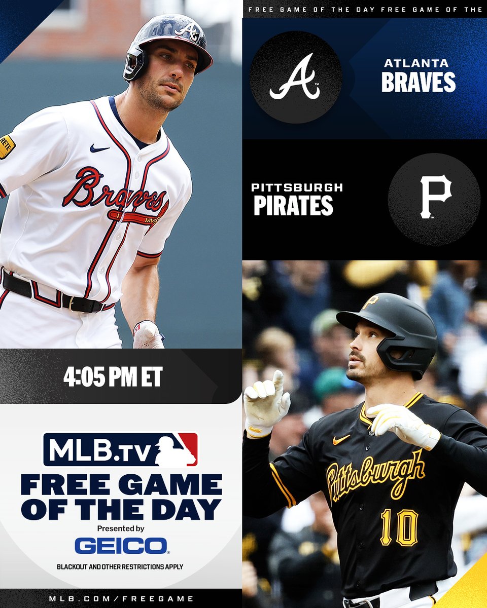 MLB.TV (@mlbtv) on Twitter photo Matt Olson and the <a href="/Braves/">Atlanta Braves</a> take on Bryan Reynolds and the <a href="/Pirates/">Pittsburgh Pirates</a> at PNC Park.
Watch for FREE at 4:05 PM ET on #MLBTV.
(MLB x GEICO) Matt Olson and the <a href="/Braves/">Atlanta Braves</a> take on Bryan Reynolds and the <a href="/Pirates/">Pittsburgh Pirates</a> at PNC Park.
Watch for FREE at 4:05 PM ET on #MLBTV.
(MLB x GEICO)