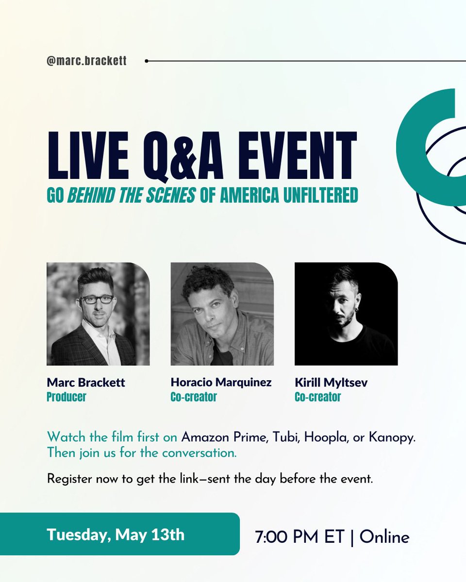 marcbrackett's tweet image. I want your perspective.
A film is only half the conversation.
Join me, Horacio Marquínez, and Kirill Myltsev for a live Q&A on America Unfiltered —
Tuesday, May 13 at 7 pm ET.
Please stream the film in advance (Amazon Prime, Tubi, Hoopla, or Kanopy).
Bring your…